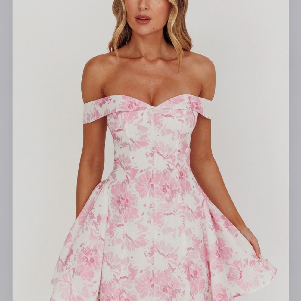 Angel Biba Pink and White Off Shoulder Fit and Flare Dress